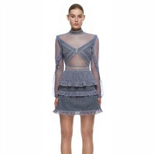 Self Portrait Slate Blue Long Sleeve Lace Mini Dress